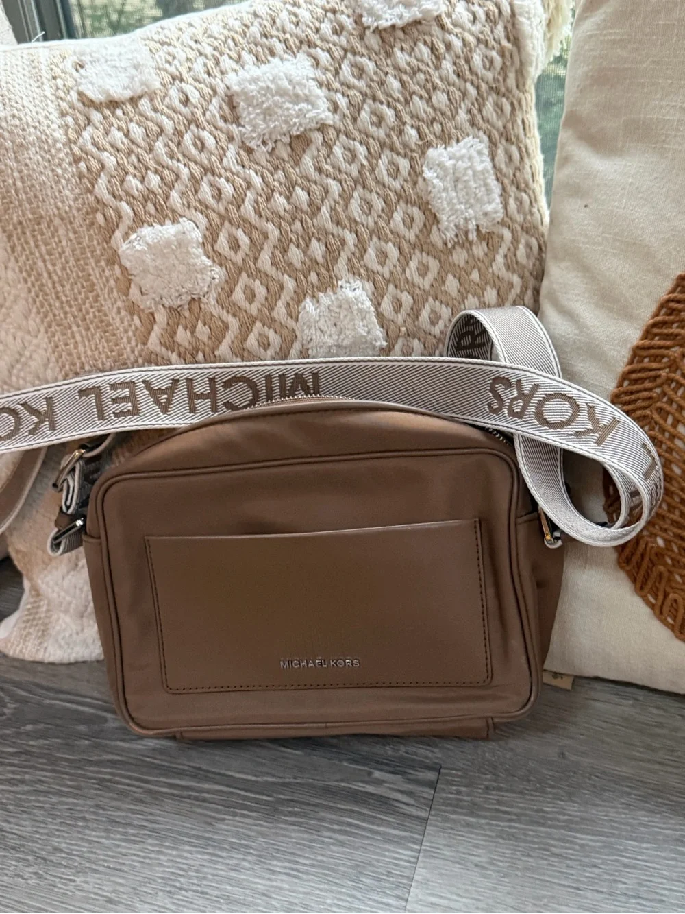 Michael Kors Taupe Nylon Crossbody style Bag with Logo Strap